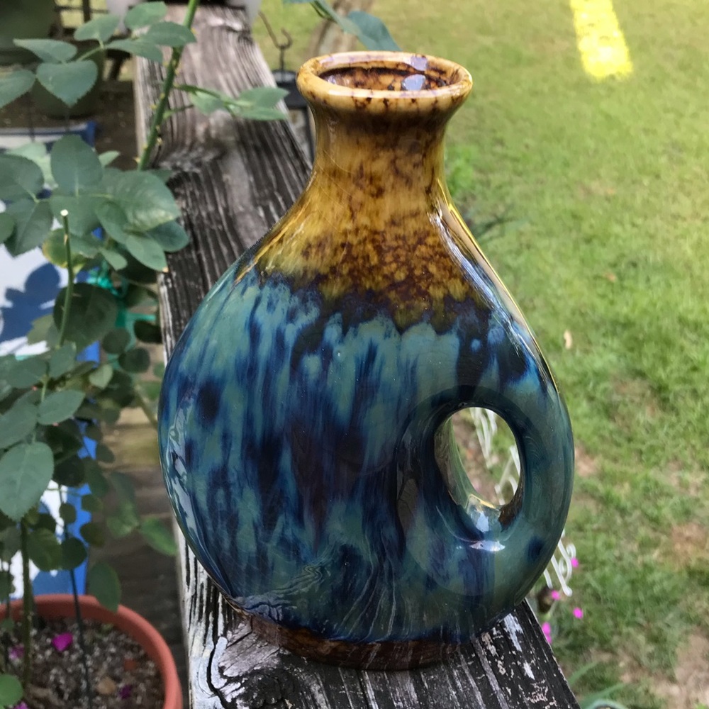 Pottery Glazed Blue Tan Brown Handled Jug